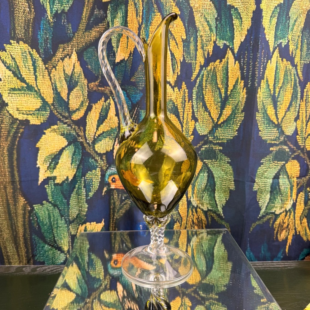 Vintage Italian Hand Blown Olive Green Glass Pitcher Ewer Twisted Handle Italy‎